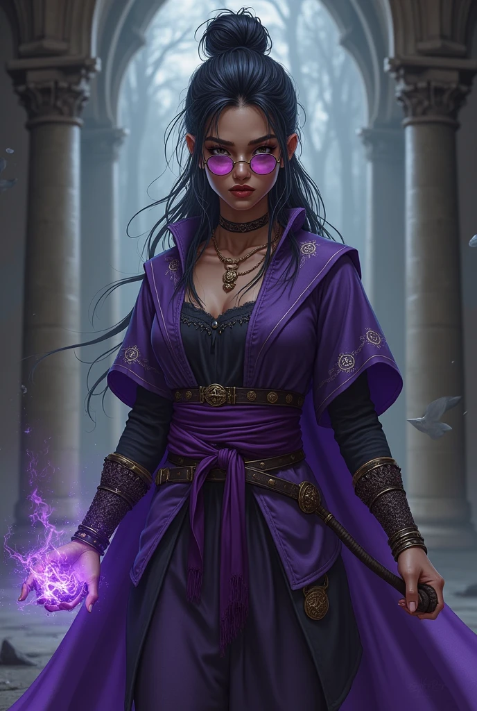 Make a full body character concept sheet of a girl, brown skin, Black hair with white streaks and hip-length hair tied in a bun with a loose side bang, round lenses, purple-cloaked sorceress. Martial arts and magic accessories in your hands. With a serious and somewhat gloomy expression