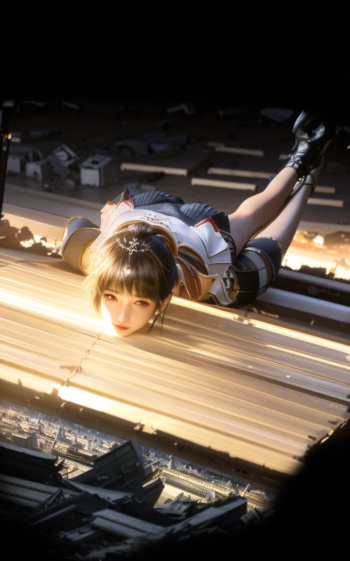 Best quality,tmasterpiece,A high resolution,CG,
1girll,Thin structure,Bigchest,cleavage,long whitr hair,Gilet blanc,Extra short hot pants,blackstockings,ssee-through,straight thighs,Slender calves,耳Nipple Ring,hair adornments,spatter,hair-bun,brunette color hair,
illuminating,Frankness,photore,A high resolution,4K,8K,Bokeh,( lying down facing front on a destroyed city: 1.5) (eyes closed :1.5) (full body :1.2)