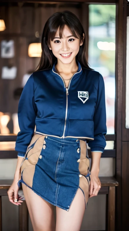 A Japanese milf, 1 girl, (slender figure:1.4), realistic detailed teeth, double eyelids, beautiful smile, full-body, jacket, dark-blue jacket, (best quality,4k,8k,highres,masterpiece:1.2),ultra-detailed,(realistic,photorealistic,photo-realistic:1.37),detailed beauty, pub scene