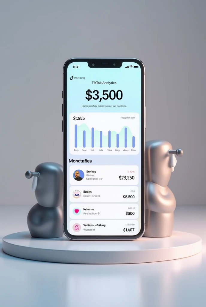 Create a picture with TikTok analytics with $3500 monetization balance on a realistic mobile phone
