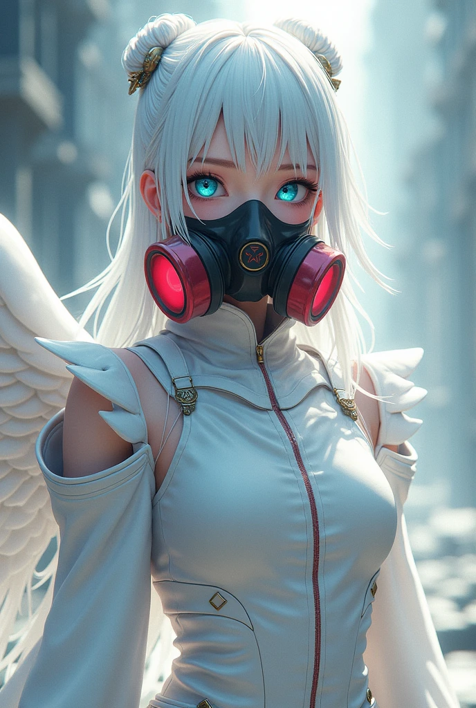 Anime girl with snow white hair, ocean blue eyes, white skin color, white warrior outfit, and with angel style, with a badass red and black gas mask