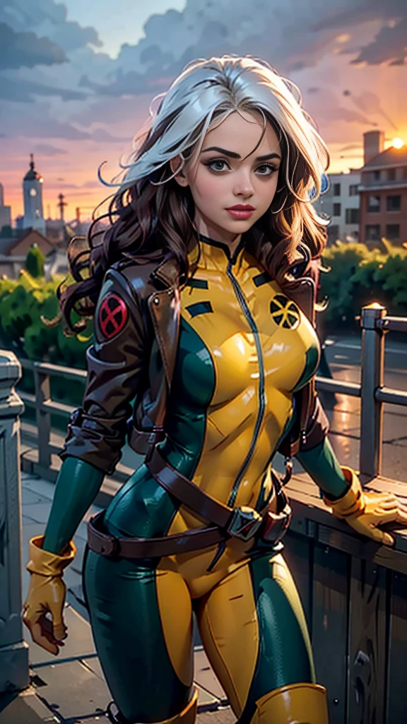chloe grace moretz、Wet、full body figure, long hair, brown hair, green eyes, lipstick, compensate, lips,Emphasize cleavage、 sexy、White stripes in hair, like, wavy hair, messy hair, curly hair, middle～big breasts, Surface Plot, ((Kelli Berglund:Bailee Madison:0.5)), 黄colorのスーツ, Jacket, gloves, belt, gloves amarillos, Green Suit, (body suit:1.4), Traje multicolor, (superhero:1.4), tight skin, Ropa multicolor, Garden and wisteria background, official art, extremely detailed CG 8k wallpaper, perfect lighting, De color, bright_amount_method_light, piel bright, (masterpiece:1.0), (Better_quality:1.0), ultra high resolution, 4k , Super detailed, director of photography, 8k, HDR, Altas Resolightones, (disorganized:1.2), kodak portrait 400, film grain, blurred background, (Bokeh:1.2), Lens flare, (lively_color:1.2), professional photography, (beautiful_method:1.5),More detailed 8K.unreal engine:1.4,Hmm,La Better calidad:1.4, realistic:1.4, skin temperature:1.4, masterpiece:1.8,masterpiece, Better calidad,object object], (detailed facial features:1.3),(Antesedentes apocalyptic destroyed city:1.4), (Apocalyptic Sunset:1.4)