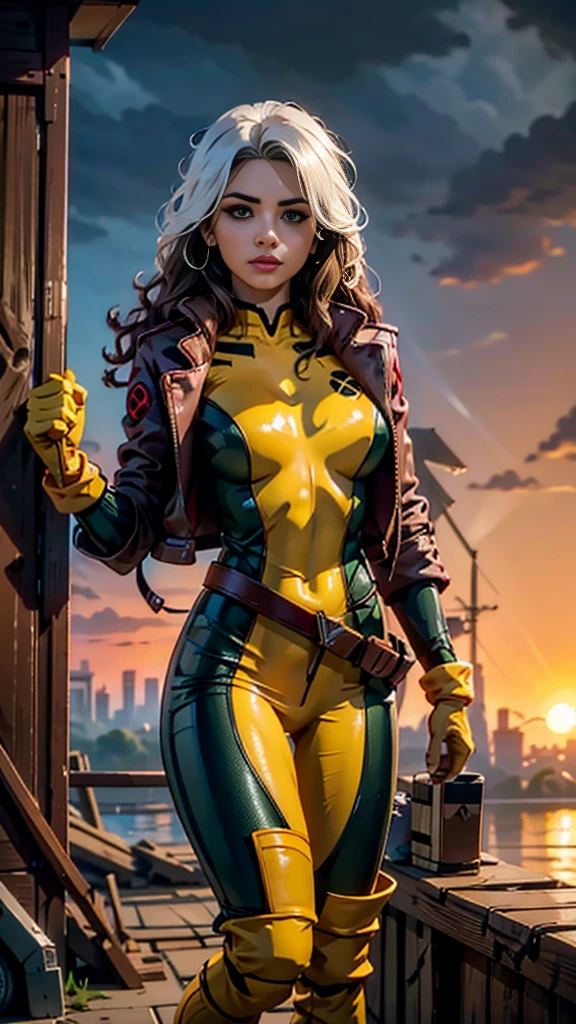 (new york: 1.3), (time square), (master piece, best quality: 1.2), Classic Rogue, 1 girl, Only, long hair, breasts, smile, big breasts, brown hair, green eyes, jacket, big hair , white hair, multicolored hair, parted lips, open clothes, shoulder blades, two-tone hair, open jacket, outlined lips, green and yellow bodysuit, covered navel, makeup, muscular, headband, tight skin, multicolored clothes, muscular female , dyed fringe, multicolored bodysuit, green bodysuit, yellow bodysuit , Looking at the Viewer, (average breasts: 1.3), (hanging breasts: 1.3), (full breasts: 1.3), (realism: 1.5), (Realisitc: 1.4) , (Absurdity:1.4), 8k, ultra-detailed, Detailed Beautiful Woman, (only:1.4) , 1girl, (Viewer facing:1.2),