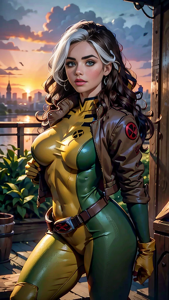 Jenna Louise Coleman、Wet、Full body portrait、Long Hair、Brown Hair、Green Eyes、lipstick、compensate、lips、Emphasize cleavage、sexy、White stripes in hair、like、Wavy Hair、Disheveled Hair、Curly Hair、middle～Large Breasts、Surface Plot、((Kelli Berglund:Bailee Madison:0.5))、Yellow suit、Jacket、gloves、belt、アマリロのgloves、Green suit、(Bodysuits:1.4)、Multicolored clothing、(Superhero:1.4)、Firm Skin、Multicolored clothing、Garden and wisteria background、Official Art、Highly detailed CG 8k wallpaper、Perfect lighting、Colorful、bright_amount_method_Light、piel bright、(masterpiece:1.0)、(Better Quality:1.0)、Ultra-high resolution、4K、Super detailed、Director of Photography、8k、HDR、High Resolution Lights、 (Disorder:1.2)、Kodak Portrait 400、Film Grain、Blurred Background、(Bokeh:1.2)、Lens flare、(Bright colors:1.2)、Professional photos、(Beautiful way:1.5)、More detail in 8K。Unreal Engine:1.4、Hmm、Better Quality:1.4、Real:1.4、Skin temperature:1.4、masterpiece:1.8、masterpiece、Better Quality、Object Object]、(Detailed facial features:1.3)、(Destroyed city pre-apocalyptic:1.4)、(Apocalyptic Sunset:1.4)