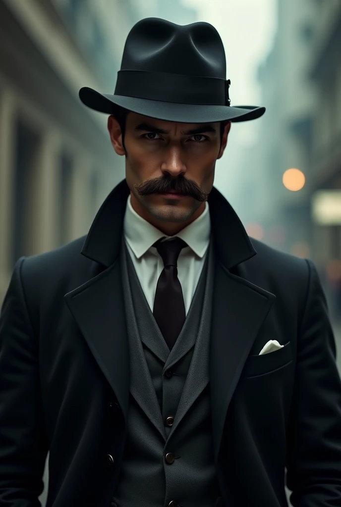 a gentleman in a suit, French hat and mustache that looks like a spy