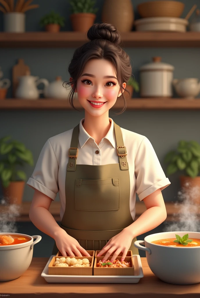 A smiling, well-groomed woman, wearing makeup, with her hair tied up, happy to be in her kitchen making lunch boxes and soups and selling a lot.