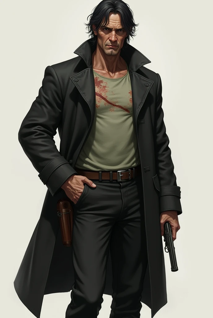 His name is Tom, he has a 1,81 a scar From the chest to the shoulder on the left side, and three shots in the back near the spine, he wears a black overcoat down to his knees, and a light green woolen t-shirt under the overcoat, and black pants, her hair is shoulder length and black with some gray strands, His eyes are black and he has dark circles under his eyes. He weighs 82 kilos and is 4., always carries a Colt revolver, with the brown holster on the right hip, He smokes a lot but has a fit body and does what needs to be done to protect those he loves..