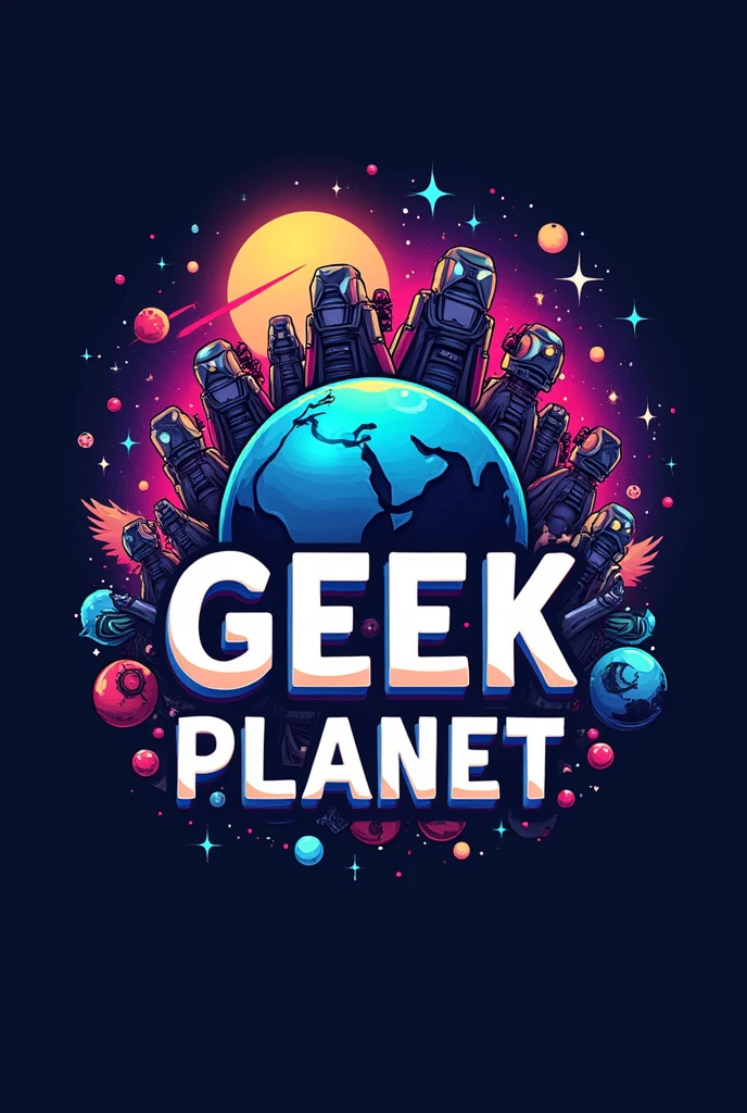 A logo referring to Geek Planet with collectible figures and original t-shirts and that has the name Geek Planet in the middle