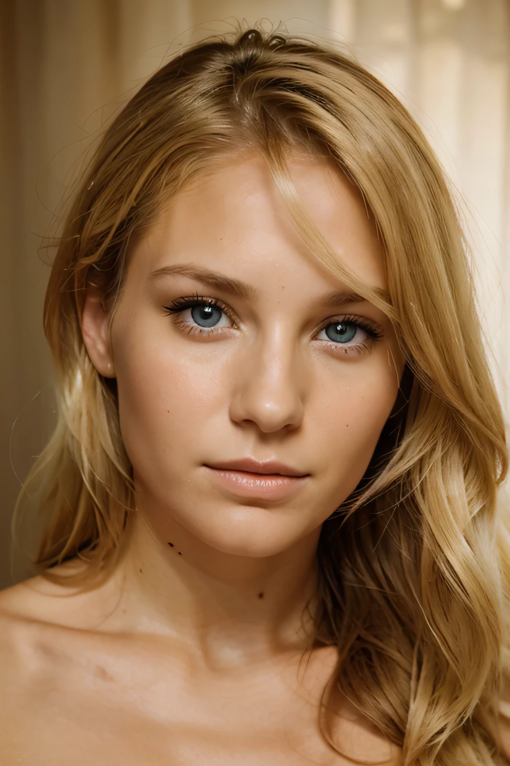 Beautiful 30 year old woman, head shot photograph, tanbed skin, blond hair, beautiful eyes,