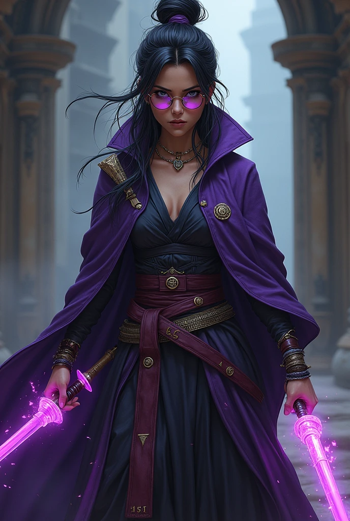 Make a full body character concept sheet of a girl, brown skin, Black hair with white streaks and hip-length hair tied in a bun with a loose side bang, round lenses, purple-cloaked sorceress. Martial arts and magic accessories in your hands. With a serious and somewhat gloomy expression