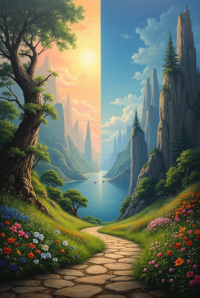 a painting of a landscape half a beautiful world and the other half a colorless and sad world