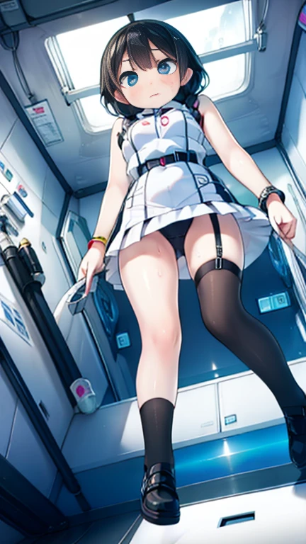 (Highest quality), (masterpiece), 1080P, High resolution, 4K, 8k, Inside the space station、Futuristic room、Thigh straps, Shooting from directly below, The woman on top of me, 白いSweat, Covered , Sweat, Woman looking down, Skirt swimsuit, Thigh-high socks, To achieve this, , , whole body, Black leather shoes, Braided hair, Inner Color, Embarrassed face, Short black hair, bracelet, Bedroom,celestial body_Vest