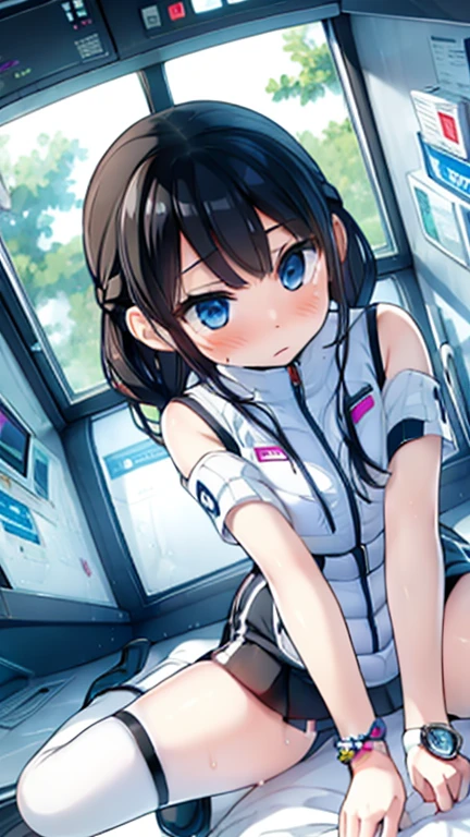 (Highest quality), (masterpiece), 1080P, High resolution, 4K, 8k, Inside the space station、Futuristic room、Thigh straps, Shooting from directly below, The woman on top of me, 白いSweat, Covered , Sweat, Woman looking down, Skirt swimsuit, Thigh-high socks, To achieve this, , , whole body, Black leather shoes, Braided hair, Inner Color, Embarrassed face, Short black hair, bracelet, Bedroom,celestial body_Vest