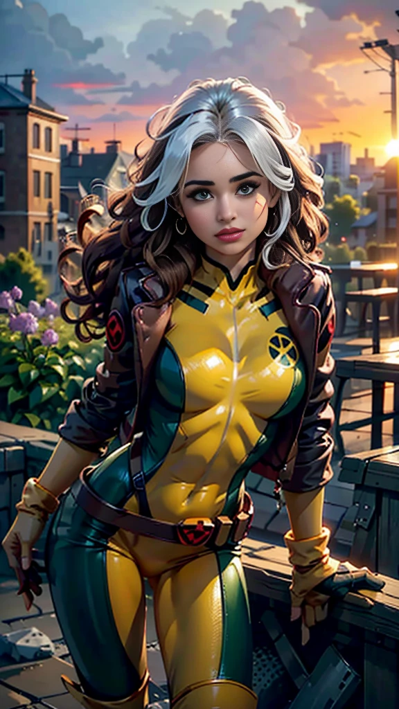 Hayden Panettiere、Wet、Full body portrait、Long Hair、Brown Hair、Green Eyes、lipstick、compensate、lips、Emphasize cleavage、sexy、White stripes in hair、like、Wavy Hair、Disheveled Hair、Curly Hair、middle～Large Breasts、Surface Plot、((Kelli Berglund:Bailee Madison:0.5))、Yellow suit、Jacket、gloves、belt、アマリロのgloves、Green suit、(Bodysuits:1.4)、Multicolored clothing、(Superhero:1.4)、Firm Skin、Multicolored clothing、Garden and wisteria background、Official Art、Highly detailed CG 8k wallpaper、Perfect lighting、Colorful、bright_amount_method_Light、piel bright、(masterpiece:1.0)、(Better Quality:1.0)、Ultra-high resolution、4K、Super detailed、Director of Photography、8k、HDR、High Resolution Lights、 (Disorder:1.2)、Kodak Portrait 400、Film Grain、Blurred Background、(Bokeh:1.2)、Lens flare、(Bright colors:1.2)、Professional photos、(Beautiful way:1.5)、More detail in 8K。Unreal Engine:1.4、Hmm、Better Quality:1.4、Real:1.4、Skin temperature:1.4、masterpiece:1.8、masterpiece、Better Quality、Object Object]、(Detailed facial features:1.3)、(Destroyed city pre-apocalyptic:1.4)、(Apocalyptic Sunset:1.4)