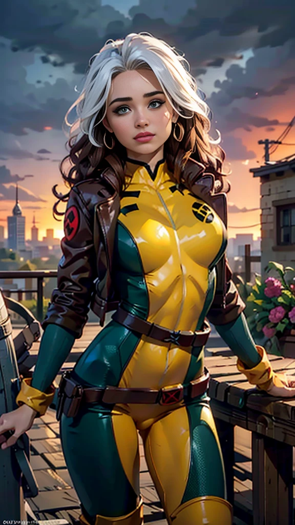 Hayden Panettiere、Wet、Full body portrait、Long Hair、Brown Hair、Green Eyes、lipstick、compensate、lips、Emphasize cleavage、sexy、White stripes in hair、like、Wavy Hair、Disheveled Hair、Curly Hair、middle～Large Breasts、Surface Plot、((Kelli Berglund:Bailee Madison:0.5))、Yellow suit、Jacket、gloves、belt、アマリロのgloves、Green suit、(Bodysuits:1.4)、Multicolored clothing、(Superhero:1.4)、Firm Skin、Multicolored clothing、Garden and wisteria background、Official Art、Highly detailed CG 8k wallpaper、Perfect lighting、Colorful、bright_amount_method_Light、piel bright、(masterpiece:1.0)、(Better Quality:1.0)、Ultra-high resolution、4K、Super detailed、Director of Photography、8k、HDR、High Resolution Lights、 (Disorder:1.2)、Kodak Portrait 400、Film Grain、Blurred Background、(Bokeh:1.2)、Lens flare、(Bright colors:1.2)、Professional photos、(Beautiful way:1.5)、More detail in 8K。Unreal Engine:1.4、Hmm、Better Quality:1.4、Real:1.4、Skin temperature:1.4、masterpiece:1.8、masterpiece、Better Quality、Object Object]、(Detailed facial features:1.3)、(Destroyed city pre-apocalyptic:1.4)、(Apocalyptic Sunset:1.4)