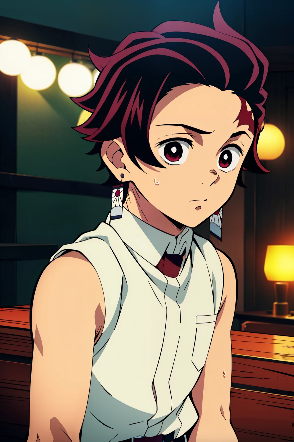 Highres, Masterpiece, Best quality at best,Best Quality,hight quality, hight detailed, Anime style, 1boy, Boy, Shota, Solo person, Tanjiro_kamado, Demon slayer, Sleeveless vest, Bare shoulder, Tie, Gloves, Choker, Casino, Waiter, night day, Slim body, smile, sweat, Body, Simple beckground, Seen from the front, (Showing armpit:1.3), (very young boy), (very small and short body), uhd