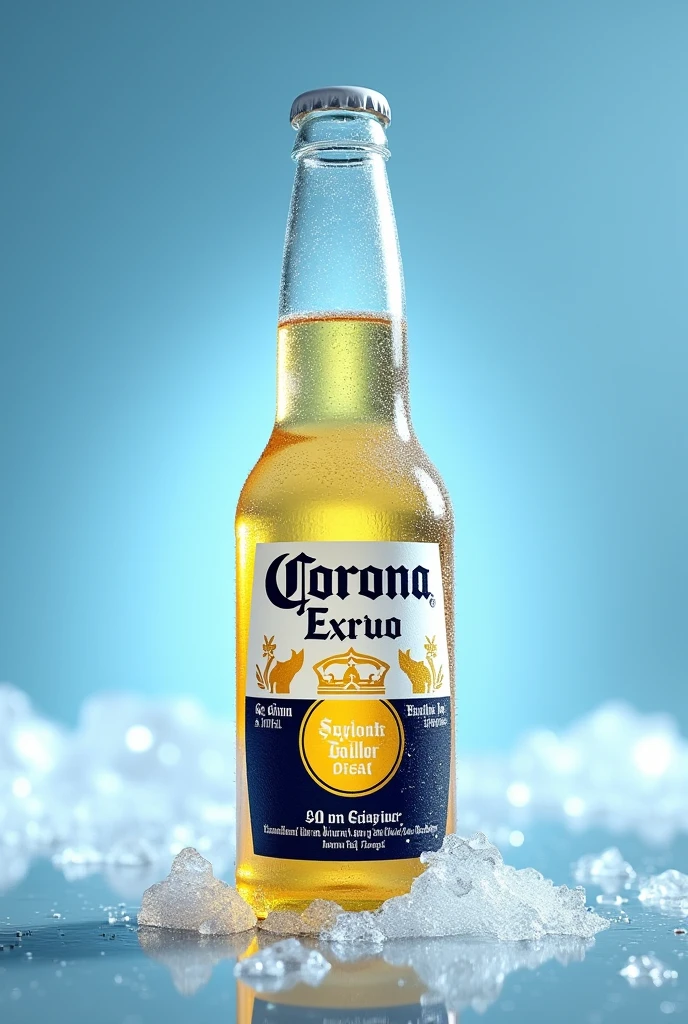 “Create an image of a Corona-like beer bottle, with a clear glass bottle partially covered with frost and ice. The bottle should have small ice particles and icy textures, as if slightly frozen. The bottle label must resemble the original Corona label, with text and colors that evoke the brand. The background must be fresh, gradient blue, emphasizing the refreshing, Icy nature of beer. Lighting should stand out