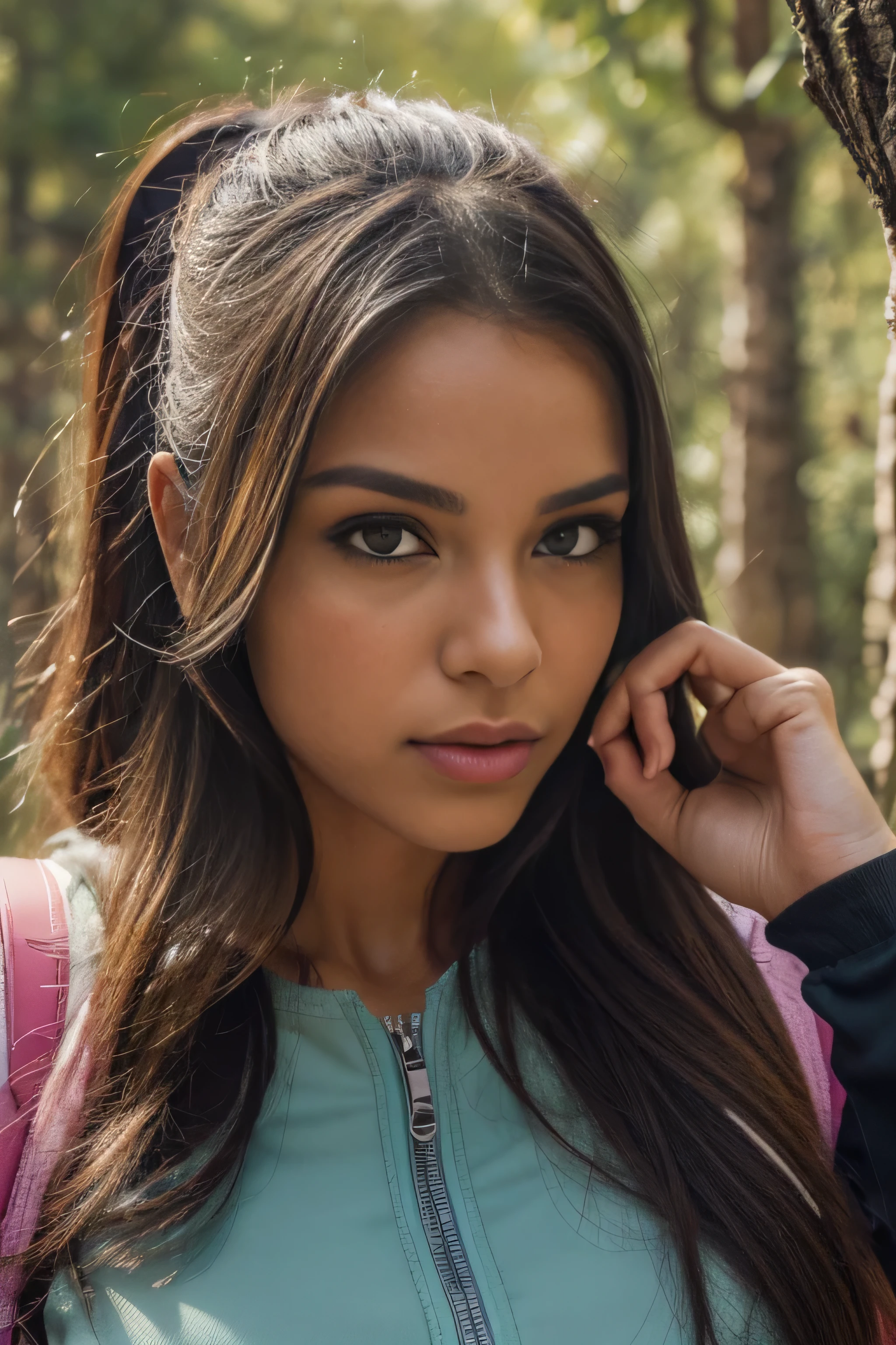 (best qualityer,high resolution,ultra detali:1.2), HDR, skinny latina, cos, cute, dolce, great, go, (hiking clothes:1.2) focus on the face from the front and close up