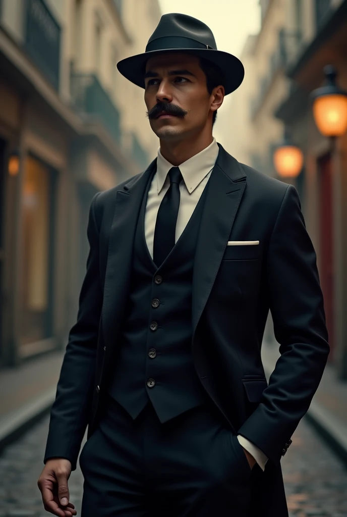 a young man in a suit, French hat and mustache that looks like a spy 