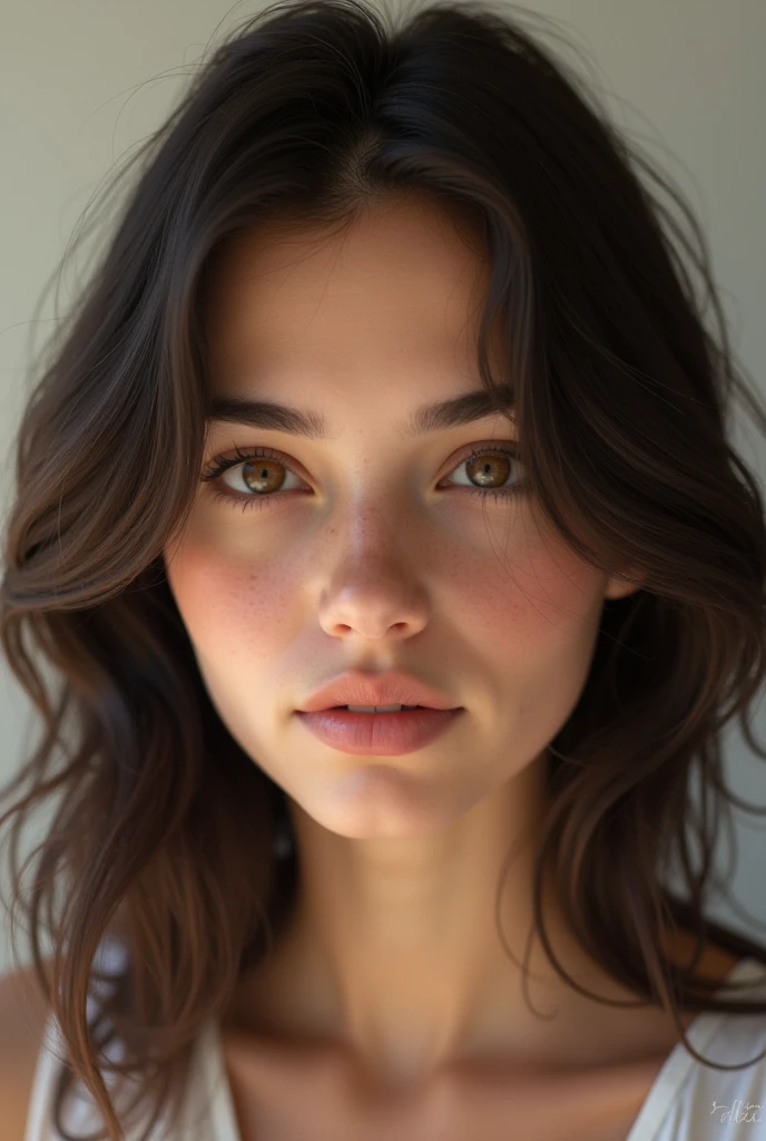 Realistic 19 year old Chilean girl with dark brown hair and eyes and light complexion