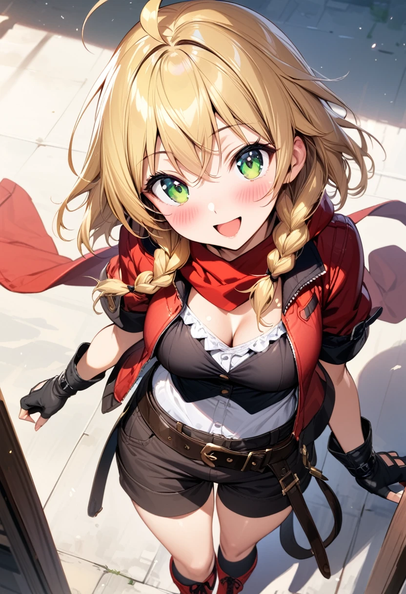 (masterpiece),(best quality),(ultra-detailed),(best illustration),(best shadow),(absurdres),(detailed background),(very aesthetic), 1girl, solo, blonde-hair, braid, boots, ahoge, shorts, gloves, fingerless-gloves, open-mouth, belt, socks, red-jacket, smile, breasts, black-socks, scarf, single-braid, reverse-grip jacket, side-braid, cleavage, medium-breasts, simple-background, kneehighs, green-eyes, looking-at-viewer, cropped-jacket, red-scarf, bandana, red-footwear, kirisame-marisa, blush, knee-boots, standing, short-hair, open-jacket, shirt, black-gloves, :d, short-shorts, short-sleeves
