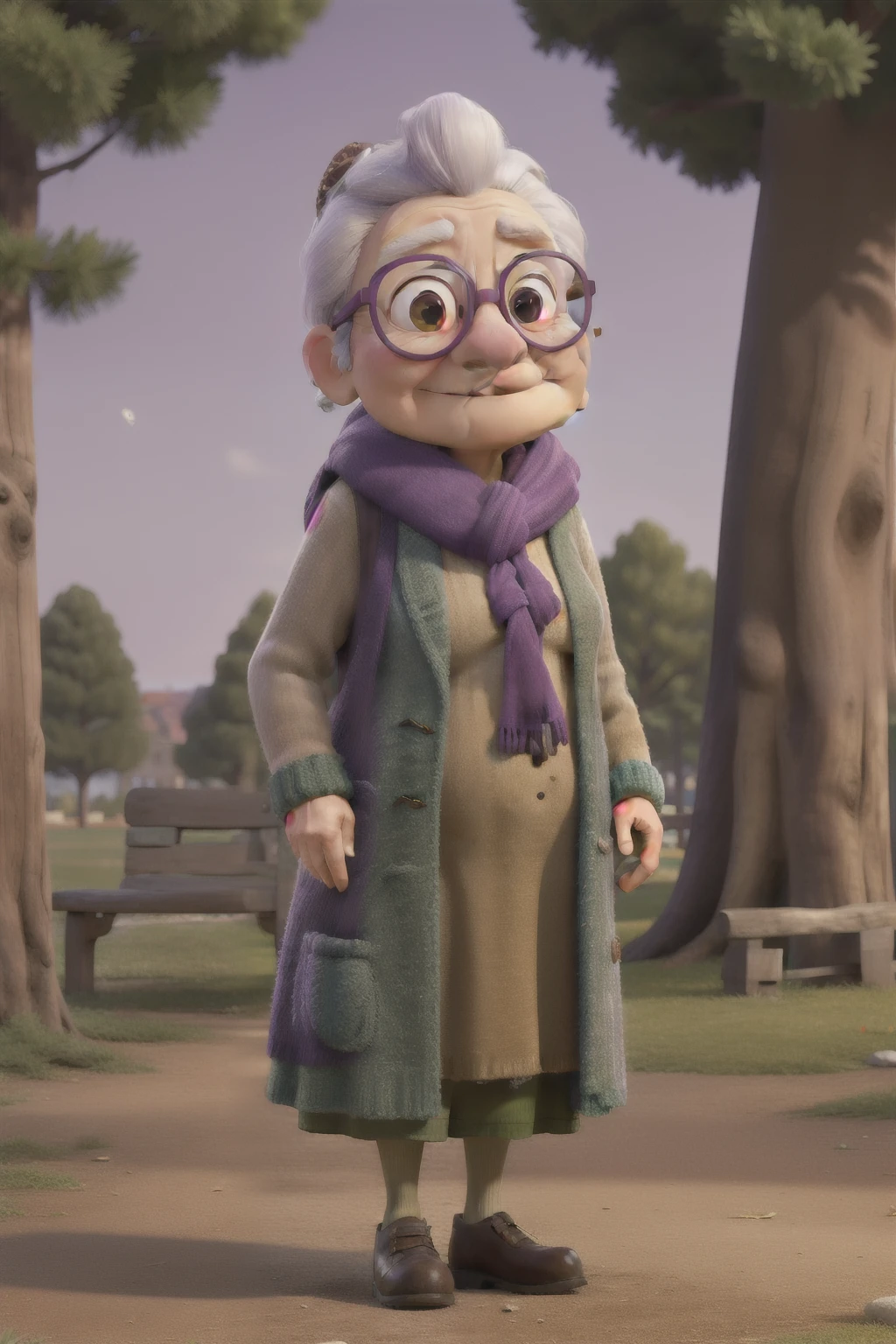 masterpiece, best quality, an old woman with glasses and a scarf on, wearing a purple coat and green scarf, standing at the park