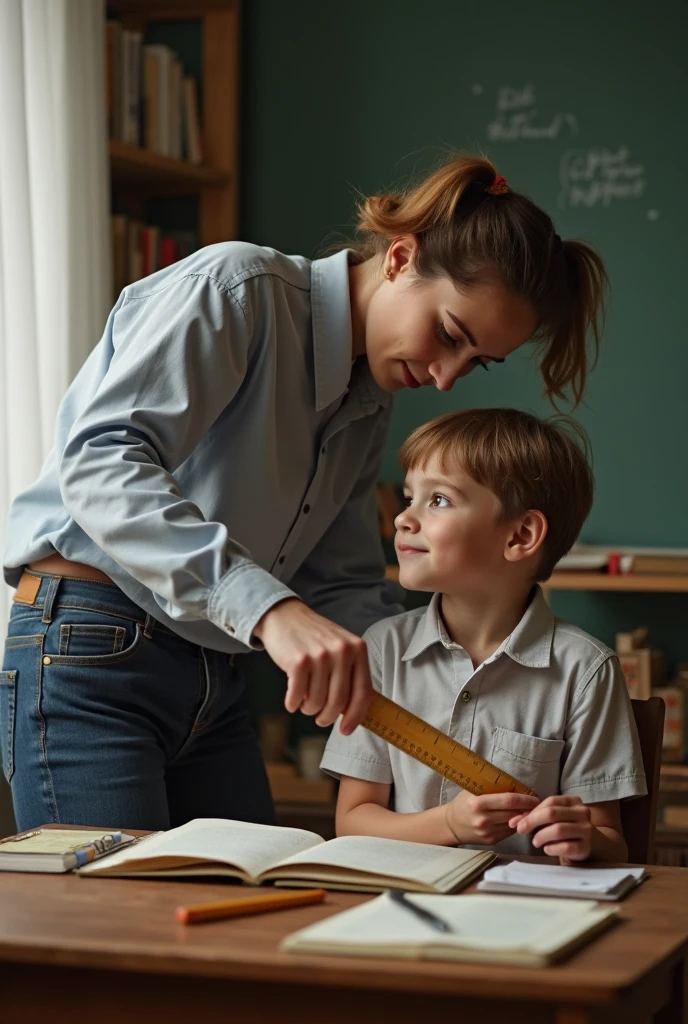 an nerdly boy spanking his teacher with a ruler , the teacher toples