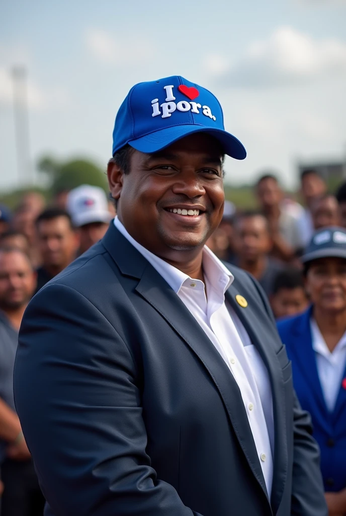 Chubby black candidate in a suit and blue cap. It says on the cap: I love Iporá.

This candidate is at a rally in the interior of Goiás