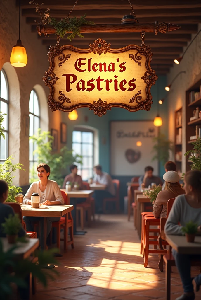 Cafeteria with a sign that says "Elena's Pastries"