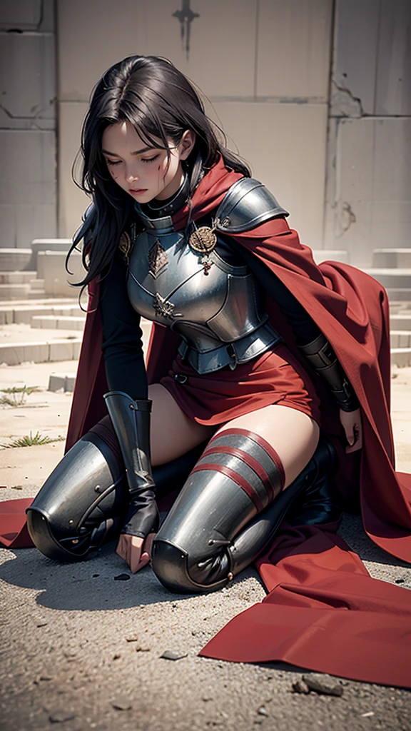 Reality, high resolution, Soft lighting, 1 Woman, Solitary, Kneeling on the ground,With eyes closed,There is a rope tied to the body,Painful expression, Wearing tattered armor,Tattered red cloak,Expose most of the body,Show your thighs,Revealing the Broken Breastplate,Stain,Blood,Messy hair