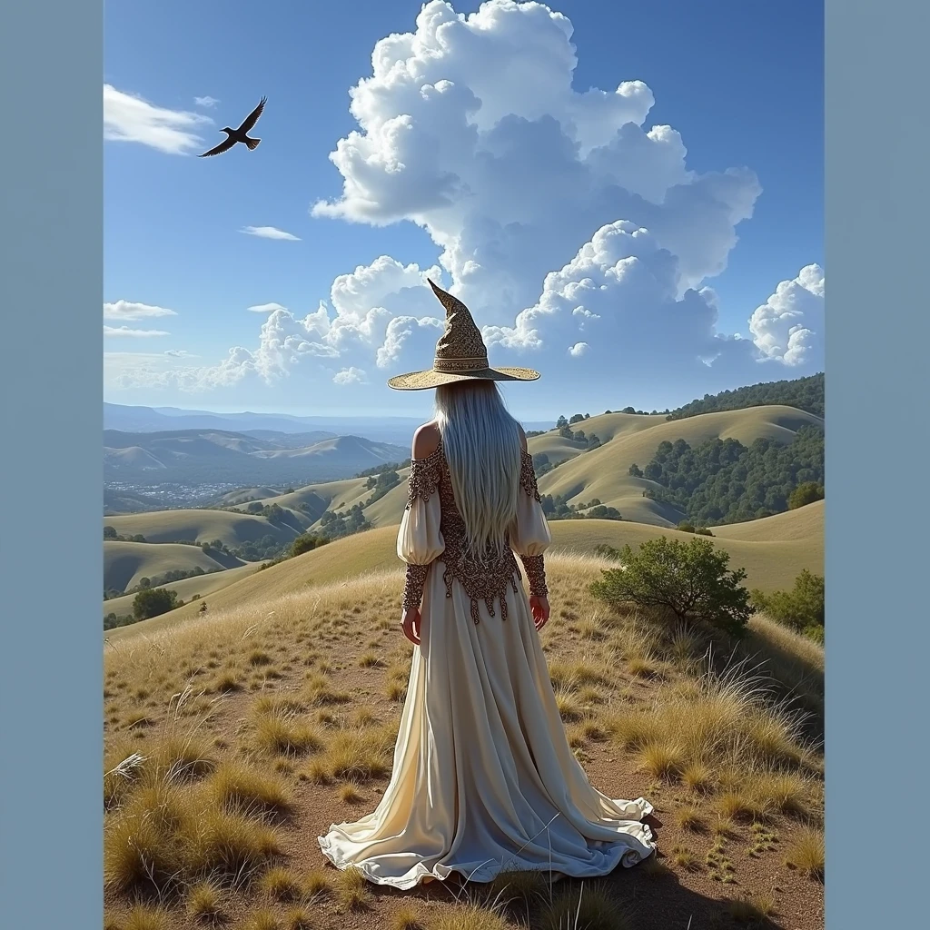 best quality, highly detailed, masterpiece, ultra-detailed, cloud, witch_hat, hat, 1girl, sky, blue_sky,day, long_hair, cloudy_sky, moon,bird, solo, silver_hair, witch, outdoors 