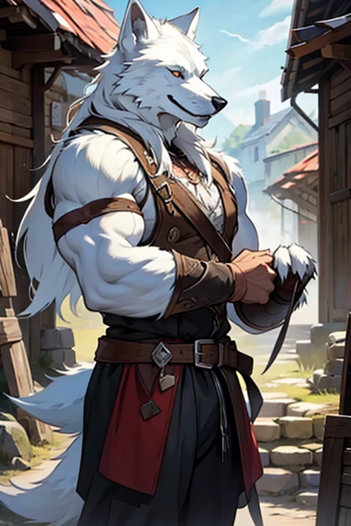 a white half wolf man with blacksmith class