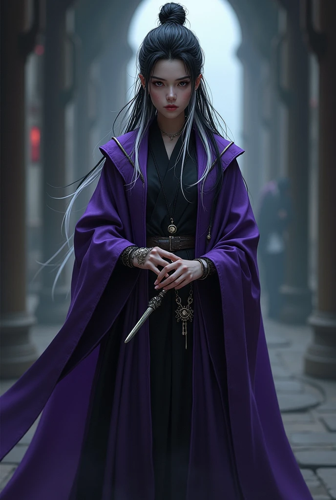 Make a full body character concept sheet of a girl, clear skin, Black hair with white streaks and hip-length hair tied in a bun with a loose side bang, round lenses, purple-cloaked sorceress. Martial arts and magic accessories in your hands. With a serious and somewhat gloomy expression