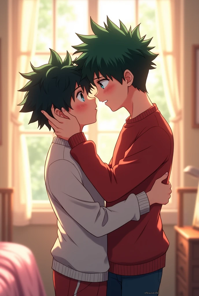 Katsuki Bakugo, Izuku Midoriya, My Hero Academia, Boku No Hero Academia, gay, couple, love, boys love, boyfriends, BL, mlm, gentle, kissing, couple, hugging, and blushing, morning,