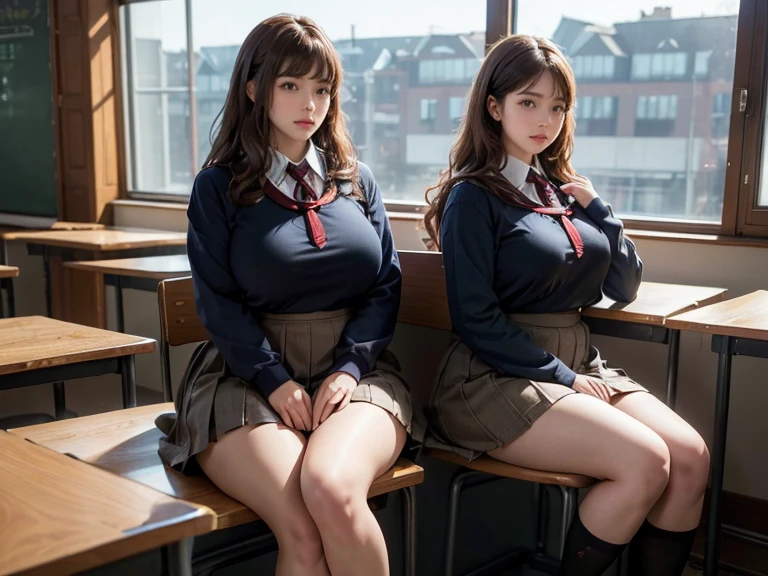 Highly detailed intricate 3D rendering of a face、(masterpiece、Highest quality、Octane Rendering, 8k , 2 people, school uniform, seifuku, Long brown curly bangs, Classroom scene, Crowded people々, Sitting, Big Hips, Thick thighs, View mobile phones, Give the image a soft focus,