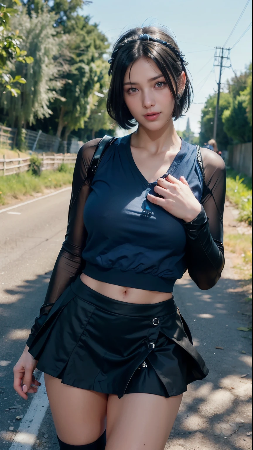 (bicycle), ((walking through the countryside), ((field)),, (((road))), cap with visor, (((short skirt))), butt, shaky hair, big breasts, mouth open,shy,blushing,grimacing,flare,,marker,outdoors,Blake,youthful girl,(shiny black hair,very short hair),youthful girl,happy girl,((competition bike),Blake,accessory for blue butterfly hair, Blake, bright colors, sharp focus, best quality, depth of field, cinematic lighting, (illustrated, 8k CG, highly detailed), ultra detailed, high resolution, firefly, perfect light, 8k, very clear, best quality,high resolution.best quality,illustrated,saxophone blue,single woman,cute,(dynamic lighting: 1.2),cinematic lighting,delicate facial features,sexy young woman,
