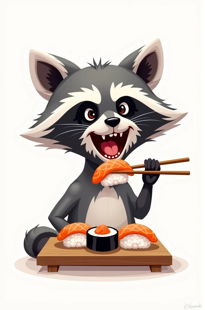 A 2D caricature illustration of a raccoon with only its face and its bent arm eating a piece of sushi with chopsticks. The raccoon's mouth is open. The background is white.