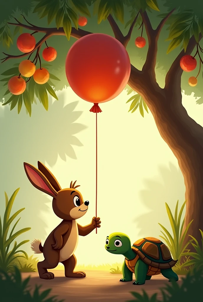 One day, while playing with the balloon, today el conejito café encontró a una tortuga llamada Tina que estaba triste porque no podía alcanzar las frutas en el árbol. today, with its bright balloon, had an idea. He tied the balloon to a low branch and asked Tina to use it to reach the fruits..
