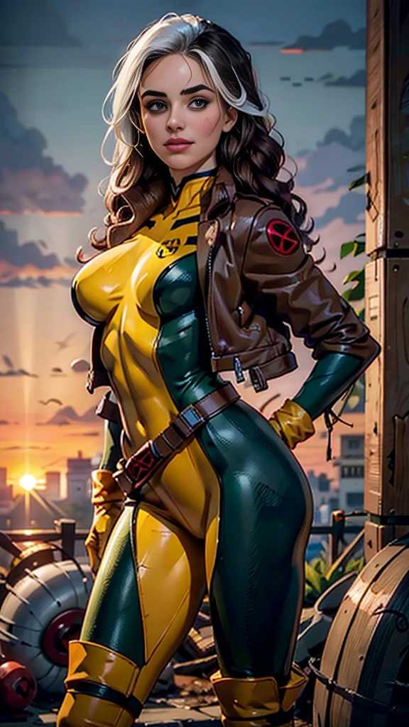Natalie Portman、Wet、Full body portrait、Long Hair、Brown Hair、Green Eyes、lipstick、compensate、lips、Emphasize cleavage、sexy、White stripes in hair、like、Wavy Hair、Disheveled Hair、Curly Hair、middle～Large Breasts、Surface Plot、((Kelli Berglund:Bailee Madison:0.5))、Yellow suit、Jacket、gloves、belt、アマリロのgloves、Green suit、(Bodysuits:1.4)、Multicolored clothing、(Superhero:1.4)、Firm Skin、Multicolored clothing、Garden and wisteria background、Official Art、Highly detailed CG 8k wallpaper、Perfect lighting、Colorful、bright_amount_method_Light、piel bright、(masterpiece:1.0)、(Better Quality:1.0)、Ultra-high resolution、4K、Super detailed、Director of Photography、8k、HDR、High Resolution Lights、 (Disorder:1.2)、Kodak Portrait 400、Film Grain、Blurred Background、(Bokeh:1.2)、Lens flare、(Bright colors:1.2)、Professional photos、(Beautiful way:1.5)、More detail in 8K。Unreal Engine:1.4、Hmm、Better Quality:1.4、Real:1.4、Skin temperature:1.4、masterpiece:1.8、masterpiece、Better Quality、Object Object]、(Detailed facial features:1.3)、(Destroyed city pre-apocalyptic:1.4)、(Apocalyptic Sunset:1.4)