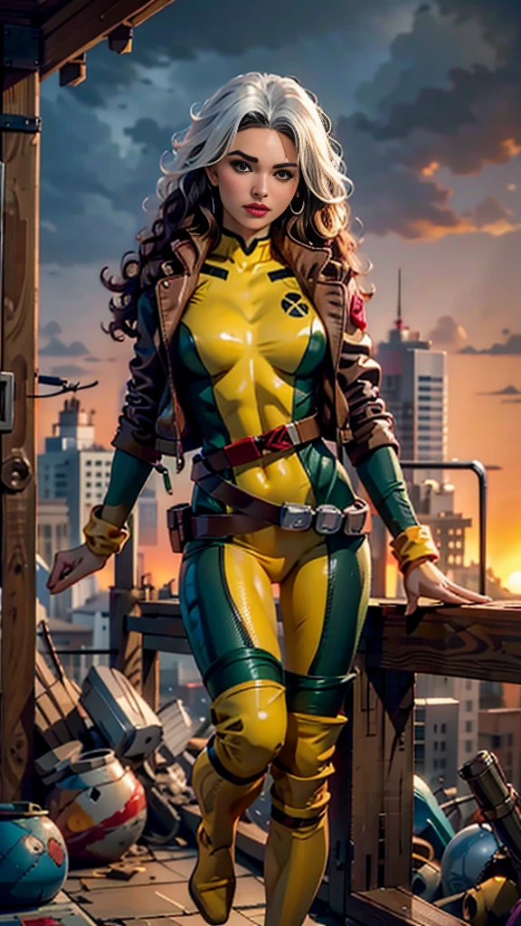Natalie Portman、Wet、Full body portrait、Long Hair、Brown Hair、Green Eyes、lipstick、compensate、lips、Emphasize cleavage、sexy、White stripes in hair、like、Wavy Hair、Disheveled Hair、Curly Hair、middle～Large Breasts、Surface Plot、((Kelli Berglund:Bailee Madison:0.5))、Yellow suit、Jacket、gloves、belt、アマリロのgloves、Green suit、(Bodysuits:1.4)、Multicolored clothing、(Superhero:1.4)、Firm Skin、Multicolored clothing、Garden and wisteria background、Official Art、Highly detailed CG 8k wallpaper、Perfect lighting、Colorful、bright_amount_method_Light、piel bright、(masterpiece:1.0)、(Better Quality:1.0)、Ultra-high resolution、4K、Super detailed、Director of Photography、8k、HDR、High Resolution Lights、 (Disorder:1.2)、Kodak Portrait 400、Film Grain、Blurred Background、(Bokeh:1.2)、Lens flare、(Bright colors:1.2)、Professional photos、(Beautiful way:1.5)、More detail in 8K。Unreal Engine:1.4、Hmm、Better Quality:1.4、Real:1.4、Skin temperature:1.4、masterpiece:1.8、masterpiece、Better Quality、Object Object]、(Detailed facial features:1.3)、(Destroyed city pre-apocalyptic:1.4)、(Apocalyptic Sunset:1.4)