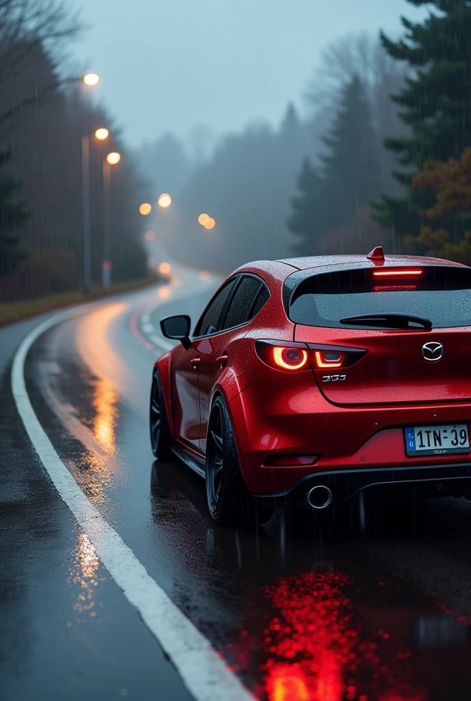 Mazda turbo 3 rear bumper on rainy highway