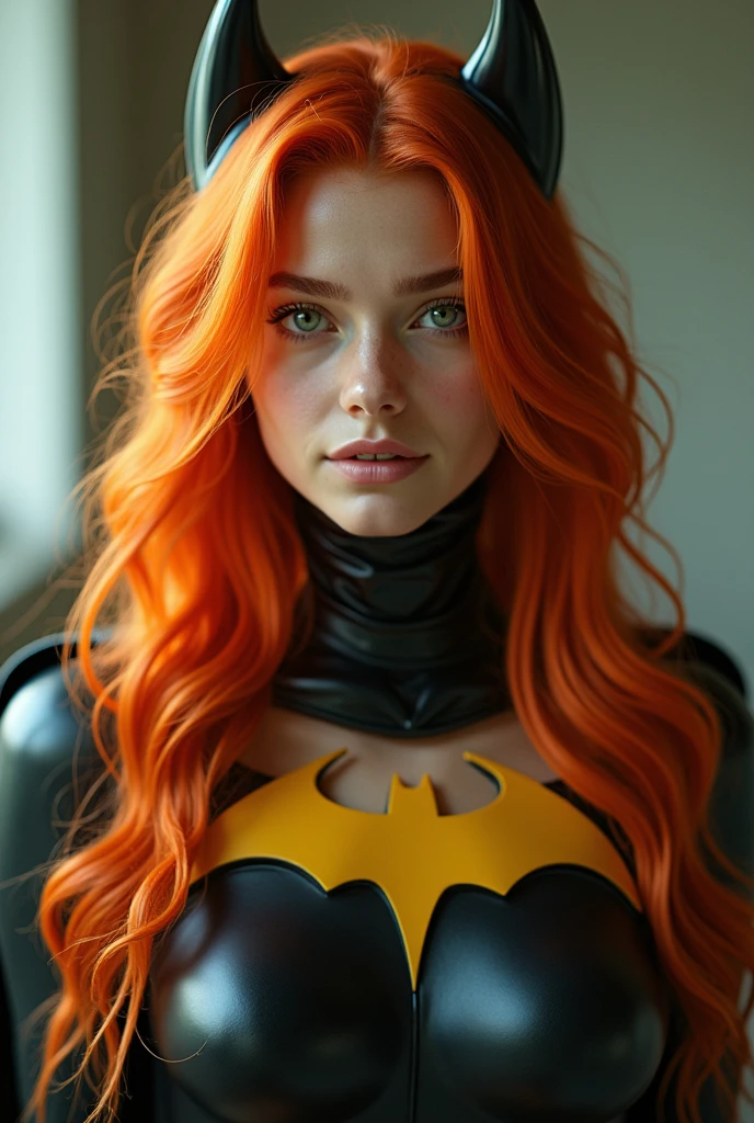 A FEMALE WITH LONG ORANGE HAIR AND GREEN EYES WEARING A SEXY BATGIRL COSTUME AND CAPE. ABSURD 8K RESOLUTION, INCREDIBLY DETAILED SKIN AND EYES,