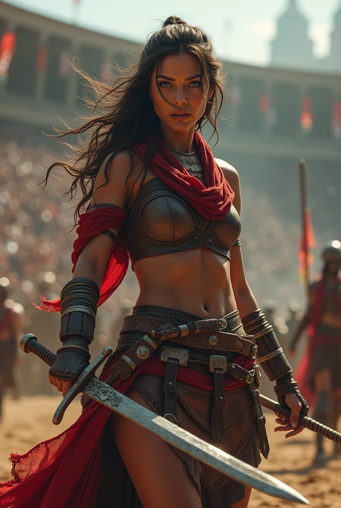 ((artwork, the highest quality, Better quality image, High resolution, realisitic, RAW Photos, 8k)), ((Highly detailed CG synthesis 8k wallpaper)), (huge and impressive photo of the goddess, Very hot and sexy, Incredible beauty, perfect proportions, beautiful body, slim body beauty:1.4), A brunette woman in armor holding a sword and shield, Portrait of a wild woman画, north warrior, Very beautiful berserker woman, north adult warrior, barbarian woman, warrior, Portrait of a wild woman, 野蛮なwarrior, very beautiful barbarian woman, barbarian class, Portrait of a warrior, portrait rpg concept art, (hermosa warrior, Carrying a dagger and a small shield., wearing a red scarf, leather armor), (rubio, blue eyes, Dark skin), (amphitheater, Fighting while being watched by the crowd., Motion blur), movie posters, big "Unlimited" It is'written at the bottom of the screen,
