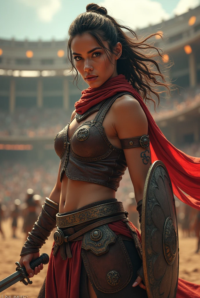 ((artwork, the highest quality, Better quality image, High resolution, realisitic, RAW Photos, 8k)), ((Highly detailed CG synthesis 8k wallpaper)), (huge and impressive photo of the goddess, Very hot and sexy, Incredible beauty, perfect proportions, beautiful body, slim body beauty:1.4), A brunette woman in armor holding a sword and shield, Portrait of a wild woman画, north warrior, Very beautiful berserker woman, north adult warrior, barbarian woman, warrior, Portrait of a wild woman, 野蛮なwarrior, very beautiful barbarian woman, barbarian class, Portrait of a warrior, portrait rpg concept art, (hermosa warrior, Carrying a dagger and a small shield., wearing a red scarf, leather armor), (rubio, blue eyes, Dark skin), (amphitheater, Fighting while being watched by the crowd., Motion blur), movie posters, big "Unlimited" It is&#39;written at the bottom of the screen,