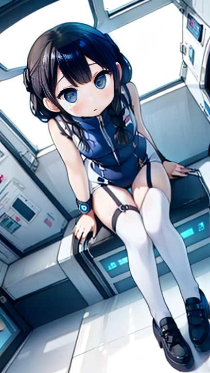 (Highest quality), (masterpiece), 1080P, High resolution, 4K, 8k, Inside the space station、Futuristic room、Thigh straps, Shooting from directly below, The woman on top of me, 白いSweat, Covered , Sweat, Woman looking down, Skirt swimsuit, Thigh-high socks, To achieve this, , , whole body, Black leather shoes, Braided hair, Inner Color, Embarrassed face, Short black hair, bracelet, Bedroom,celestial body_Vest