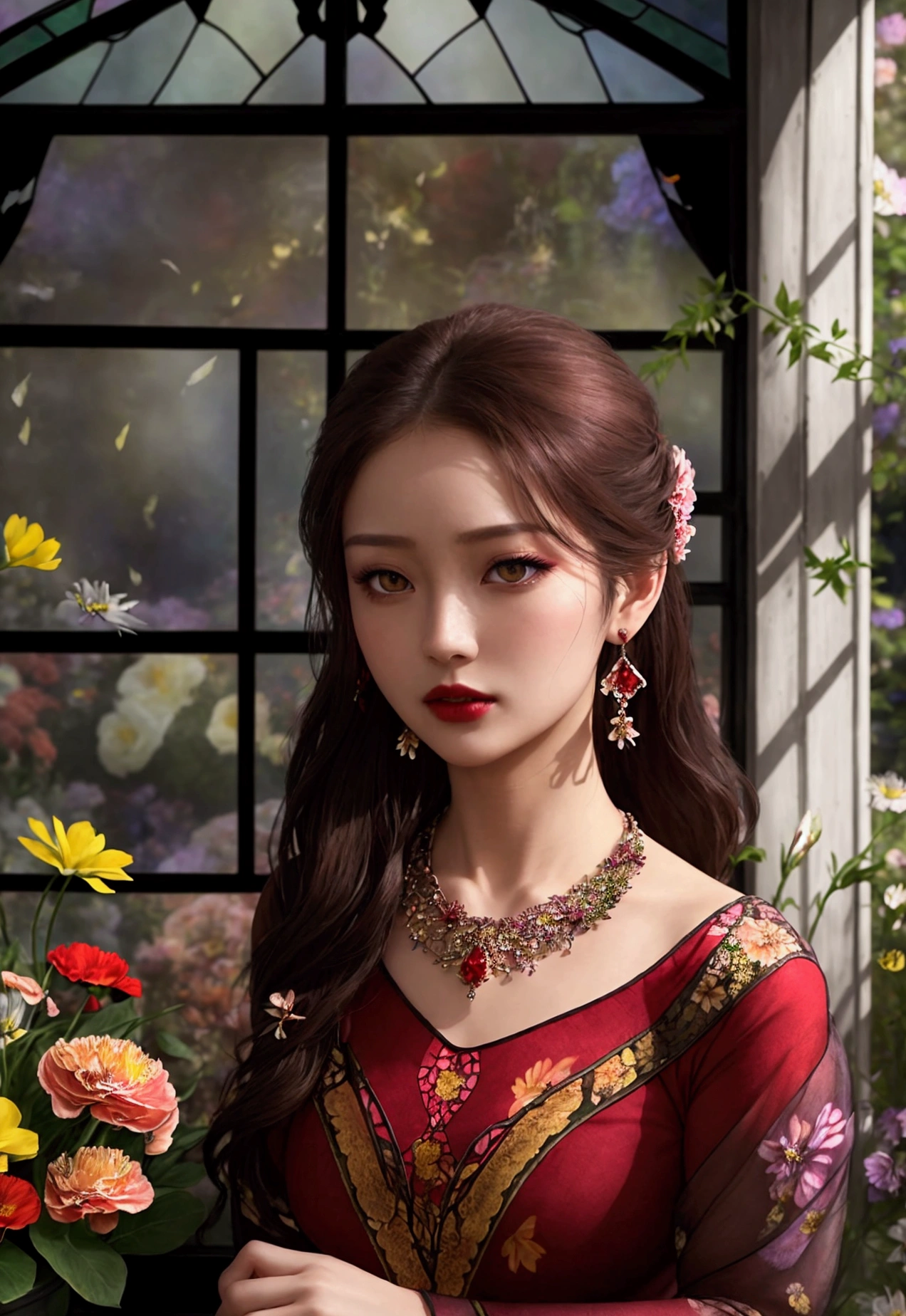 Beautiful realistic woman, detailed face, crystal clear amber eyes, red lipstick, brown hair, loosely flowing, red dried flower in her hair, delicate earrings and necklace, tai dai style printed fabric dress
bright, depleted and falling into the arms, sensation of movement, dark chiaro lighting, external background, old material house, (((flowers in the window and blurred garden))), bokeh, alcohol paint, a masterpiece.