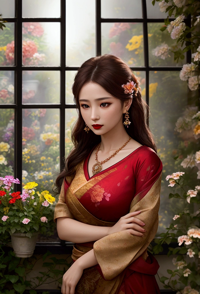 Beautiful realistic woman, detailed face, crystal clear amber eyes, red lipstick, brown hair, loosely flowing, red dried flower in her hair, delicate earrings and necklace, tai dai style printed fabric dress 
 bright, depleted and falling into the arms, sensation of movement, dark chiaro lighting, external background, old material house, (((flowers in the window and blurred garden))), bokeh, alcohol paint, a masterpiece.