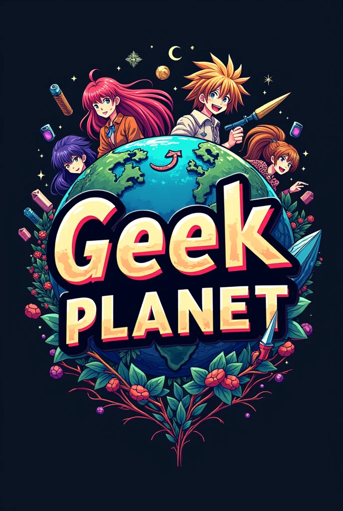 A logo referring to geek planet with anime figures, of collectible movie and video game characters and original t-shirts that have the name Geek Planet in the middle