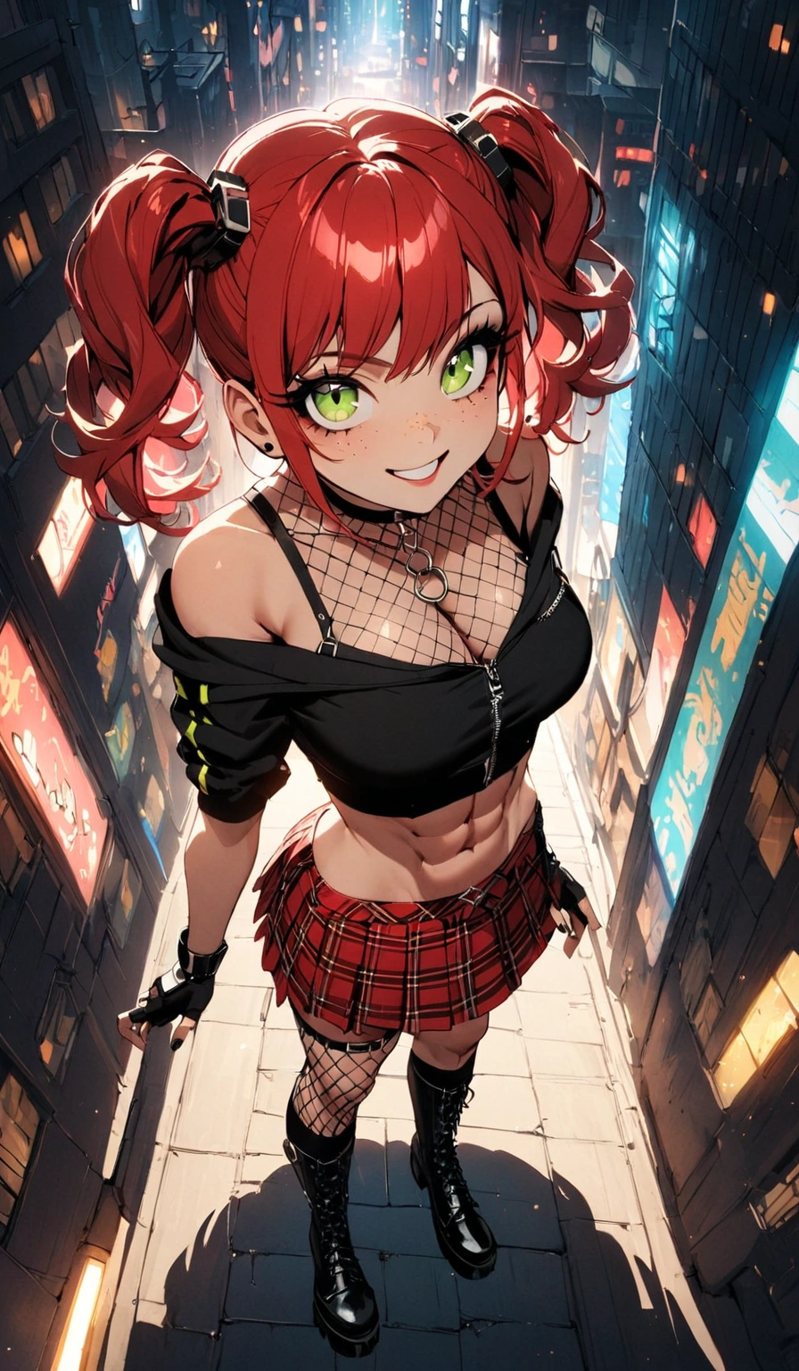 woman, grin, curly red hair in pig tails, green eyes, black eyeshadow, wearing crop top black shirt, black zip up hoodie, red plaid skirt, black knee high boots, black fingerless gloves, exposed shoulders, large breasts, freckles, abs, cleavage, looking up at viewer, cinematic lighting, masterpiece, best quality, Holo-Punk Style, in the city, make up, eyelashes, fish net undershirt, fish net stockings, (full body)