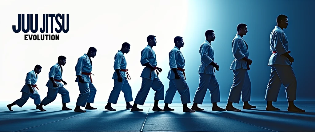 Create an impactful cover for the "Jiu Jitsu Evolution Program" that captures the essence of evolution in Jiu-Jitsu. The image should feature a jiu-jitsu fighter in a traditional kimono, in different phases of training, symbolizing the progression from beginner to advanced. Ao fundo, there must be a gradation that represents this evolution, with shades of dark blue to bright white, symbolizing growth and transformation.
The fighter can be shown in fighting stances, suggesting strength and endurance. The program logo must be centered at the top of the cover., with a strong and modern typography that conveys power and determination. down, a subtle line with the slogan: "Evolve on the Mat. Strengthen Out of Him."